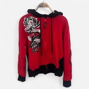 Ed Hardy Red and Black Grungy Black Rose Skull Hoodie with Rhinestones